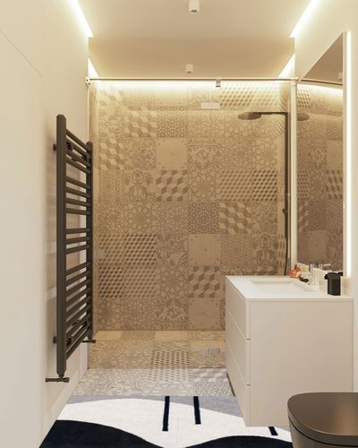 SAFAVIEH Rodeo Drive Collection Runner Rug - 2'3" x 8', Grey & Black, Handmade Mid-Century Modern Abstract Wool, Ideal for High Traffic Areas in Living Room, Bedroom (RD883F) in White Tiled Bathroom