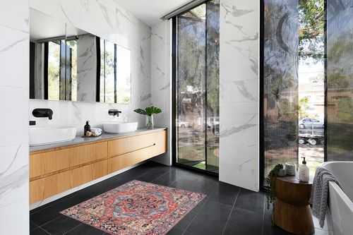 Artistic Weavers Reeta Printed Medallion Area Rug,4' Square,Bright Red/Wheat in Modern Black Tiled bathroom