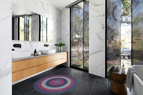 Super Area Rugs Round 4' Blue Oval Braided Rug - Use as Entryway Rugs, Kitchen Rugs, Bathroom Rugs - Reversible - Rustic - Country - Primitive - Farmhouse Decor Rug in Modern Black Tiled bathroom