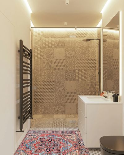 Artistic Weavers Reeta Printed Medallion Area Rug,4' Square,Bright Red/Wheat in White Tiled Bathroom