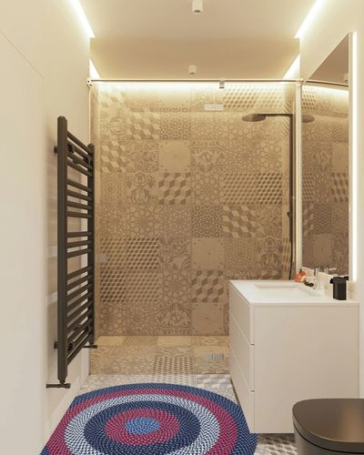 Super Area Rugs Round 4' Blue Oval Braided Rug - Use as Entryway Rugs, Kitchen Rugs, Bathroom Rugs - Reversible - Rustic - Country - Primitive - Farmhouse Decor Rug in White Tiled Bathroom