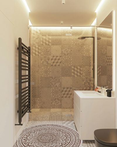 SAFAVIEH Courtyard Collection 4' Round Light Beige / Light Brown CY8734 Indoor/ Outdoor Waterproof Easy Cleaning Patio Backyard Mudroom Area Rug in White Tiled Bathroom