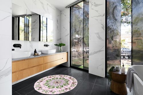 Abeigoi Persian Floral Rug 4Ft Round Lotus Bedroom Carpet Oriental Accent Rug for Living Room Girls Room Flowers Collection Medallion Area Rug Nonslip Boho Floor Mat Soft Rustic Farmhouse Rug, Pink in Modern Black Tiled bathroom