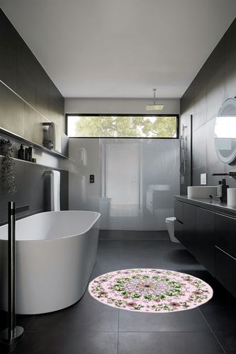 Abeigoi Persian Floral Rug 4Ft Round Lotus Bedroom Carpet Oriental Accent Rug for Living Room Girls Room Flowers Collection Medallion Area Rug Nonslip Boho Floor Mat Soft Rustic Farmhouse Rug, Pink in Black Modern Bathroom