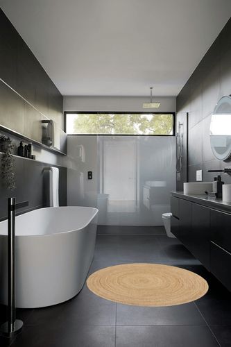 Ramanta Home Jute Braided Rug, 4' Round Natural, Hand Woven Reversible Rugs for Kitchen Living Room Entryway, 4 Feet Round in Black Modern Bathroom