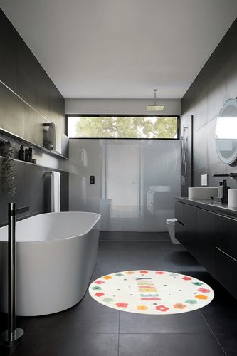 Poowe Round Kids Playroom Rug - Soft Alphabet Nursery Rug for Bedroom - Playtime Collection, Learning & Game Carpet for Classroom, Best Shower Gift for Infant Toddlers (Round 39.4", Flower-Happy) in Black Modern Bathroom