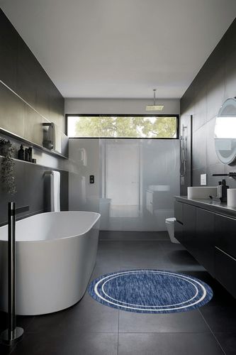 Nourison Essentials Indoor/Outdoor Solid Bordered Navy/Ivory 4' x Round Area Rug, Easy Cleaning, Non Shedding, Bed Room, Living Room, Dining Room, Backyard, Deck, Patio (4 Round) in Black Modern Bathroom