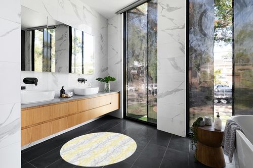 Forest Branch Round Area Rug 4ft,Washable Outdoor Indoor Carpet Runner Rug for Bedroom,Kitchen,Bathroom,Living/Dining/Laundry Room,Office,Area+Rug Large Bath Door Mat Winter Tree Geometry Yellow Grey in Modern Black Tiled bathroom