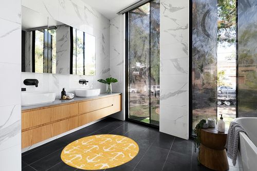 Unique Loom Outdoor Coastal Collection Area Rug - Ahoy (4' 1" Round, Yellow) in Modern Black Tiled bathroom