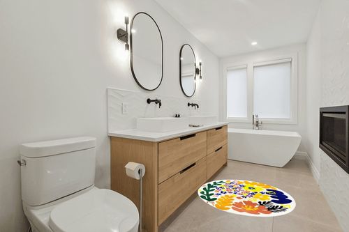 TEALP Round Rug 4'X4' Circle Furry Mat for Living Room Bedroom Cute Flow Carpet for Nursery Fluffy Soft Rug for Teen/Kids Livingroom Decor Bedroom Decoration,Multicolor in Scandinavian Neutral bathroom