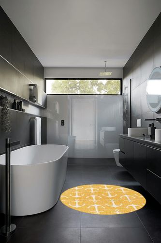 Unique Loom Outdoor Coastal Collection Area Rug - Ahoy (4' 1" Round, Yellow) in Black Modern Bathroom