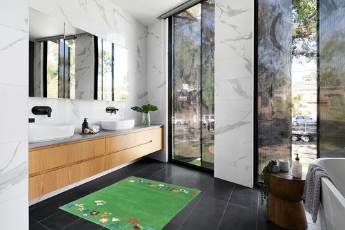 SAFAVIEH Kids Collection Area Rug - 4' Round, Green & Multi, Handmade Grass and Flowers Wool, Ideal for High Traffic Areas in Living Room, Bedroom (SFK751A) in Modern Black Tiled bathroom