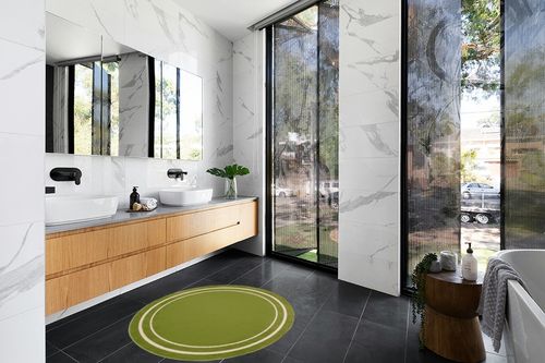 Nourison Essentials Indoor/Outdoor Solid Bordered Green Ivory 4' x Round Area Rug, Easy Cleaning, Non Shedding, Bed Room, Living Room, Dining Room, Backyard, Deck, Patio (4 Round) in Modern Black Tiled bathroom