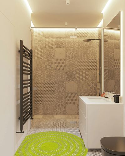 Dash and Albert Bowline Sprout Handwoven Indoor/Outdoor Round Rug, 4' Round Feet, Green Solid Pattern in White Tiled Bathroom