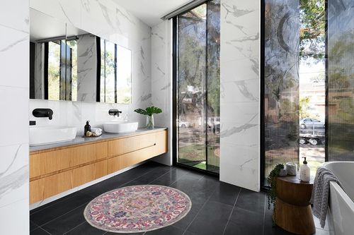 Nourison Passion Bohemian Light Grey/Pink 4' x ROUND Area -Rug, Easy -Cleaning, Non Shedding, Bed Room, Living Room, Dining Room, Kitchen (4 Round) in Modern Black Tiled bathroom