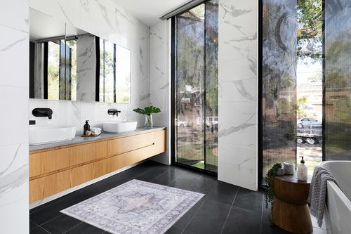 SAFAVIEH Tucson Collection Area Rug - 4' Square, Light Purple/Sage, Geometric Design, Machine Washable Indoor/Outdoor & Washable-Ideal for Patio, Backyard, Mudroom (TSN105W) in Modern Black Tiled bathroom