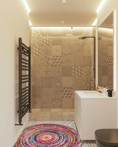 nuLOOM Tammara Bohemian Hand Braided Accent Rug, 4' Round, Multi in White Tiled Bathroom