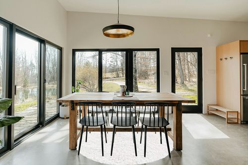 White 6 Ft Round  Shag Rug in Scandinavian Dining Room with Rectangular Table