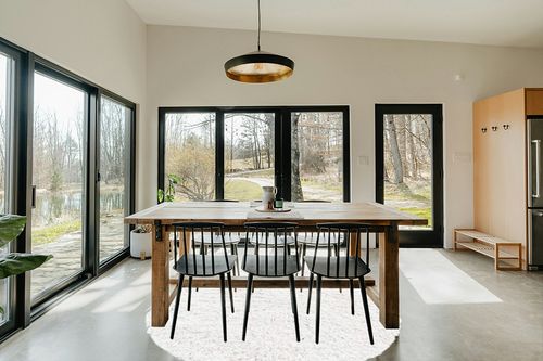 White 7 Ft Round  Shag Rug in Scandinavian Dining Room with Rectangular Table