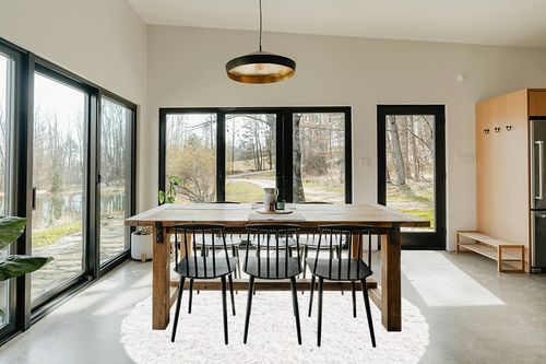 White 8 Ft Round  Shag Rug in Scandinavian Dining Room with Rectangular Table