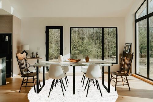 White 8 Ft Round  Shag Rug in Modern Scandinavian Dining Room with Black Accents