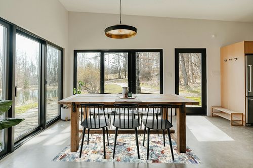Area Rug Living Room Rugs - 5x7 Washable Large Modern Abstract Soft No Slip Indoor Rug Thin Floor Carpet for Bedroom Under Dining Table Home Office Decor - Blue in Scandinavian Dining Room with Rectangular Table