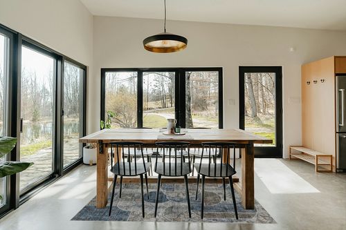 Washable Rug 5x7 Area Rugs for Bedroom, Soft Low Pile Living Room Rugs with Non-Slip Backing, Vintage Patchwork Indoor Floor Carpet for Dining Room Nursery Home Office-Blue/Grey in Scandinavian Dining Room with Rectangular Table