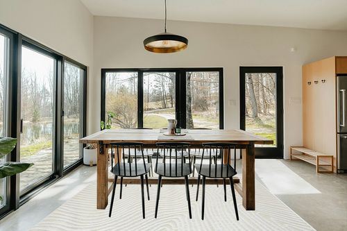LUXE WEAVERS Le Monde Collection 8505 Cream 6x9 Geometric Marble Swirl Area Rug in Scandinavian Dining Room with Rectangular Table