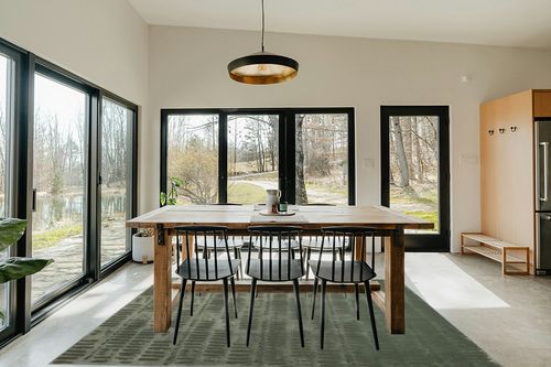 Revival Rugs Shell 6'7"x9' Machine Washable Area Rug for Living Room Bedroom - 100% Recycled Oeko-TEX Certified, Medium Pile, Green in Scandinavian Dining Room with Rectangular Table