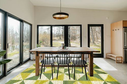Antep Rugs Geometric 8x10 Modern Indoor Area Rug Siesta (Green, 7'10" x 10') in Scandinavian Dining Room with Rectangular Table