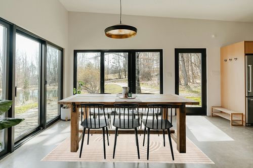 Abani Rugs Beige Arch Pattern Knot Modern Print Premium Area Rug - Contemporary No-Shed Neutral 5’3” x 7’6” (5'x8') Bedroom Rug in Scandinavian Dining Room with Rectangular Table