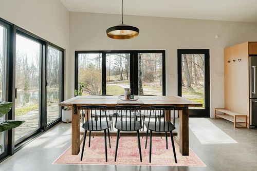 Momeni Rugs Isabella Traditional Medallion Flat Weave Area Rug, 5'3" X 7'3", Pink in Scandinavian Dining Room with Rectangular Table