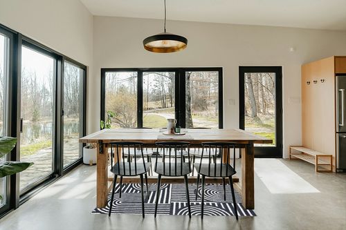 Abani Contemporary Mid-Century Design 4’ x 6’ Area Rug Rugs - Modern Non-Shed Arches Print Cream & Charcoal Bedroom Rug in Scandinavian Dining Room with Rectangular Table