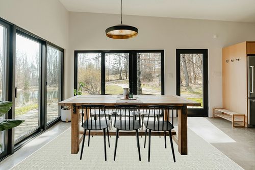 Safavieh Hampton Collection Area Rug - 8' x 10', Green, Non-Shedding & Easy Care, Indoor/Outdoor & Washable-Ideal for Patio, Backyard, Mudroom (HTN230Y) in Scandinavian Dining Room with Rectangular Table