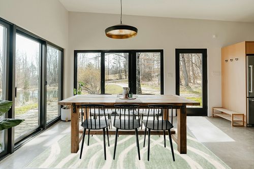 SAFAVIEH Adirondack Collection Area Rug - 6' x 9', Sage & Cream, Modern Wave Distressed Design, Non-Shedding & Easy Care, Ideal for High Traffic Areas in Living Room, Bedroom (ADR125X) in Scandinavian Dining Room with Rectangular Table