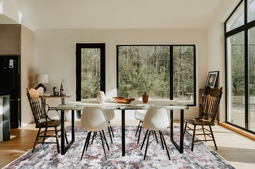 Miukiki 8x10 Area Rugs, Modern Abstract Washable Rug for Living Room, Stain Resistant Non-Shedding Distressed Area Rug with Non Slip Backing for Bedroom (Red/Grey, 8'x10') in Modern Scandinavian Dining Room with Black Accents