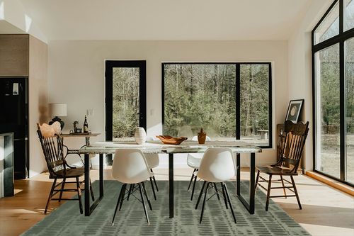 Revival Rugs Shell 6'7"x9' Machine Washable Area Rug for Living Room Bedroom - 100% Recycled Oeko-TEX Certified, Medium Pile, Green in Modern Scandinavian Dining Room with Black Accents