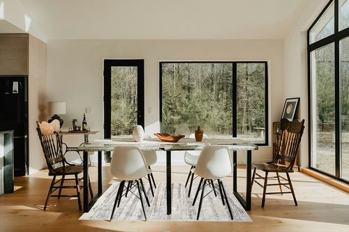 Nourison Glam Abstract Cream Grey 3'11" x 5'11" Area Rug, Easy Cleaning, Non Shedding, Bed Room, Living Room, Dining Room, Backyard, Deck, Patio (4x6) in Modern Scandinavian Dining Room with Black Accents