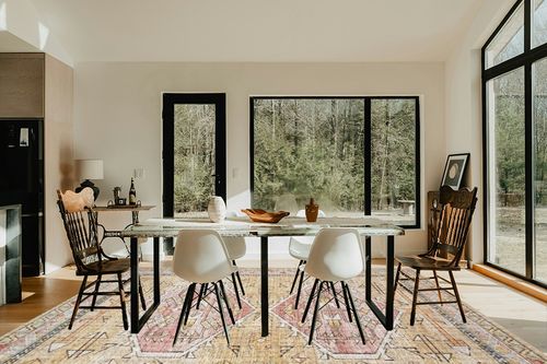 Loloi II Skye Collection SKY-04 GOLD / BLUSH, Traditional 9'-0" x 12'-0" Area Rug in Modern Scandinavian Dining Room with Black Accents