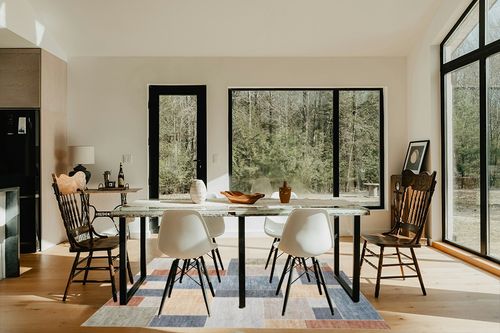 Nourison Astra Machine Washable Mid-Century Modern Ivory/Multi 5'3" x 7' Area Rug, Easy -Cleaning, Non Shedding, Bed Room, Living Room, Dining Room, Kitchen (5x7) in Modern Scandinavian Dining Room with Black Accents