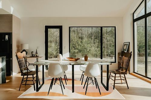 Rugs for Living Room- Large Area Rug, Yellow Striped Rug, Indoor Area Rug with Jute Backing, Anti-Skid Carpet(Yellow, 6' 5" x 9' 5") in Modern Scandinavian Dining Room with Black Accents
