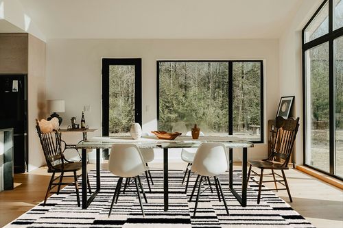 Hauteloom Deren Living Room, Bedroom Bohemian Shag Area Rug - Soft Shaggy Farmhouse - High Plush Pile - Black, White, Cream, Light Beige, Ivory - 7'10" x 10' in Modern Scandinavian Dining Room with Black Accents
