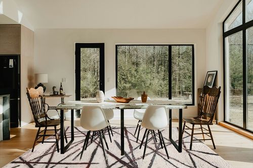 Leesentec Area Rugs Soft Modern Carpet Geometric Stripe Rug Non Slip Imitation Cashmere Rug for Bedroom Living Room Floor Mat (Stripe, 6.5' ×9.8'(200x300cm)) in Modern Scandinavian Dining Room with Black Accents