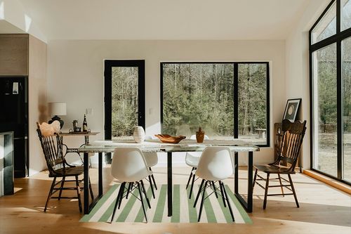 Eyely BMS203D-4 Santa Monica Negril Two-Tone Wide Stripe Indoor/Outdoor Area Rug Modern;Coastal;Rustic, Bedroom, Kitchen, Backyard, Patio, Easy-Cleaning, Non-Shedding, 4 X 6, Green/Cream in Modern Scandinavian Dining Room with Black Accents