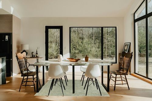 JONATHAN Y SEU100O-4 Haze Solid Low-Pile Indoor Area-Rug, Coastal, Bohemian, Minimalist Easy-Cleaning,Bedroom,Kitchen,Living Room,Non Shedding, Green, 4 X 6 in Modern Scandinavian Dining Room with Black Accents