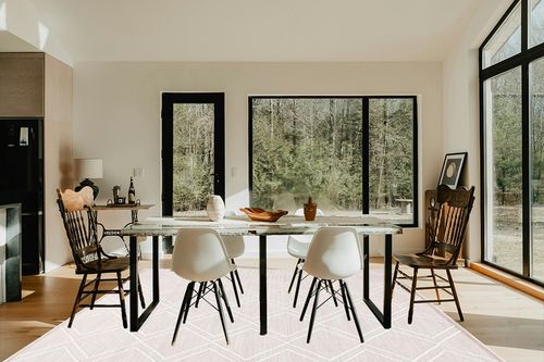 Safavieh Kilim Collection Area Rug - 8' x 10', Natural & Ivory, Handmade Rustic Boho Diamond, Ideal for High Traffic Areas in Living Room, Bedroom (KLM449A) in Modern Scandinavian Dining Room with Black Accents