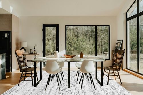 8x10 Large Moroccan Soft Fluffy Geometric Washable Bedroom Rugs in Modern Scandinavian Dining Room with Black Accents