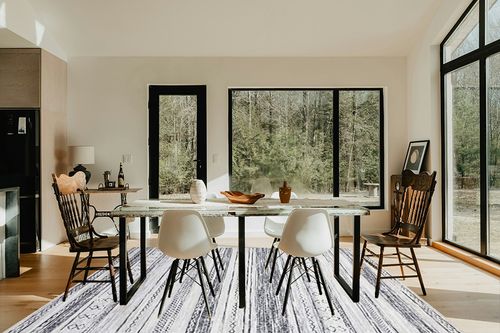 8x10 Washable Large Soft Neutral Boho Moroccan Bohemian Farmhouse Rug in Modern Scandinavian Dining Room with Black Accents