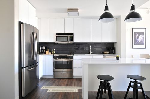 Artoid Mode Rubber Non-Slip Washable Absorbent Kitchen Rugs and Mats Set of 2, Kitchen Mats for Floor Kitchen Runner Hallway Laundry Room in Front of Sink Beige Grey - 17x29 and 17x47 Inch in White and Black Modern Kitchen