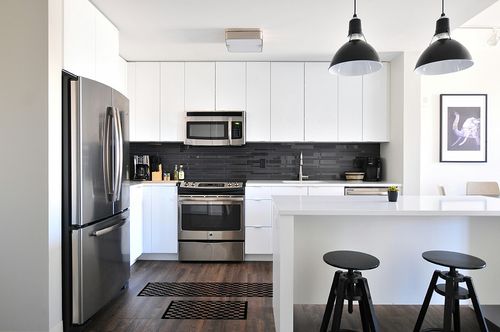 EUCH 2 Piece Carpet Rubber Backing Non-Slip Kitchen Mat Doormat Area Rugs (17"x23"+17"x47", Black Mosaic) in White and Black Modern Kitchen